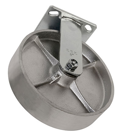Angled bottom view of rigid caster with swivel wheel